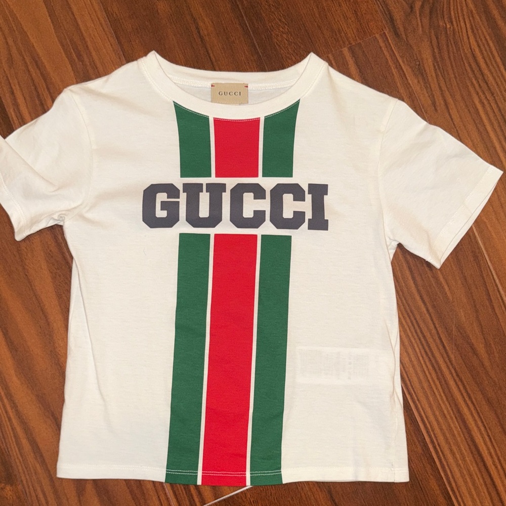 Gucci White Kids Tee with Red & Green Center Stripe